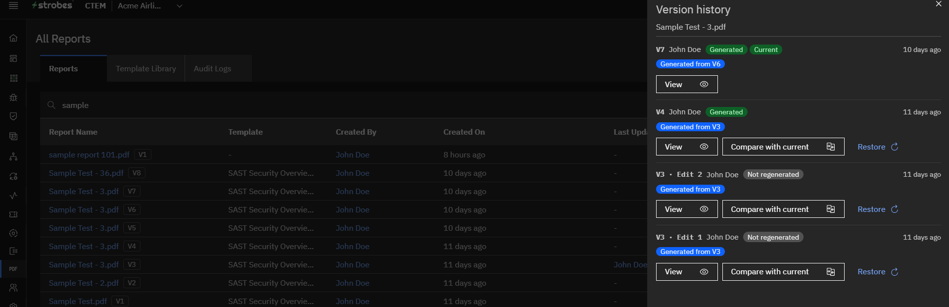 What's in the Reports Page?: Step 10 — Review the Version History Panel (screenshot 10)