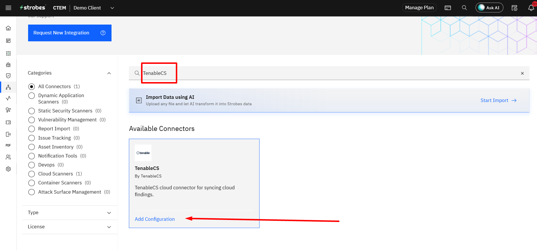 Connecting Tenable Cloud Security to Strobes: Step 2: Search for the Connector (screenshot 2)