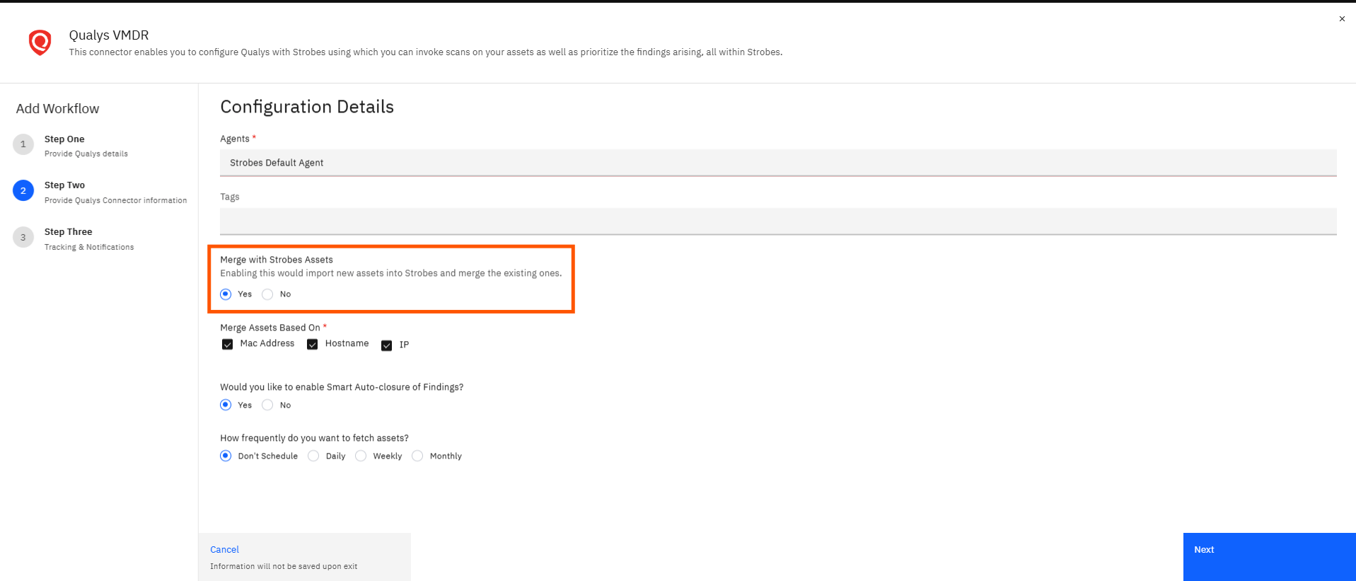 Configuring Qualys VMDR with Strobes: Step 16 — Review the Merge with Strobes Assets Setting (screenshot 16)