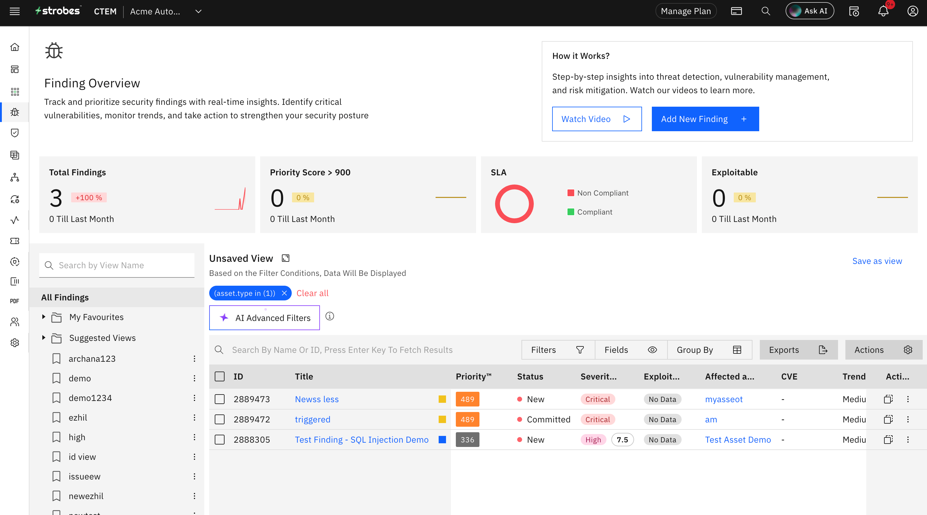 Saving views under Assets and Findings (screenshot 1)