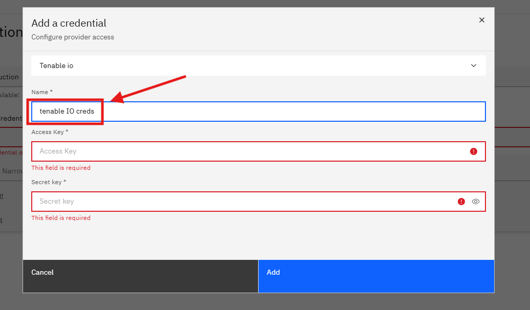 Connecting Tenable IO to Strobes: Step 12 — Enter a Name for the Credential (screenshot 7)
