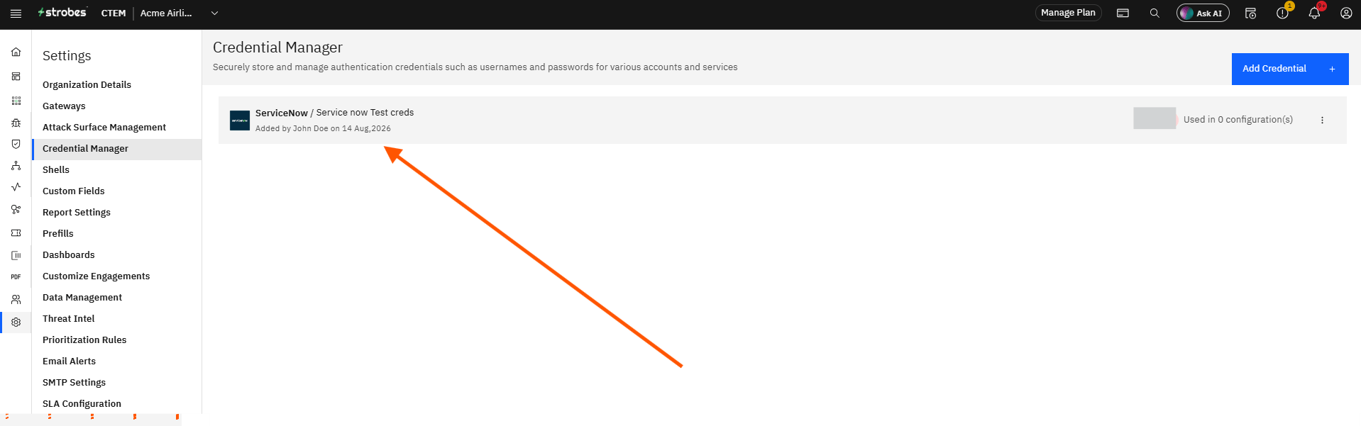 Configuring ServiceNow Credentials and Connector in Strobes: Step 14 — Confirm the Credential that Was Saved (screenshot 15)
