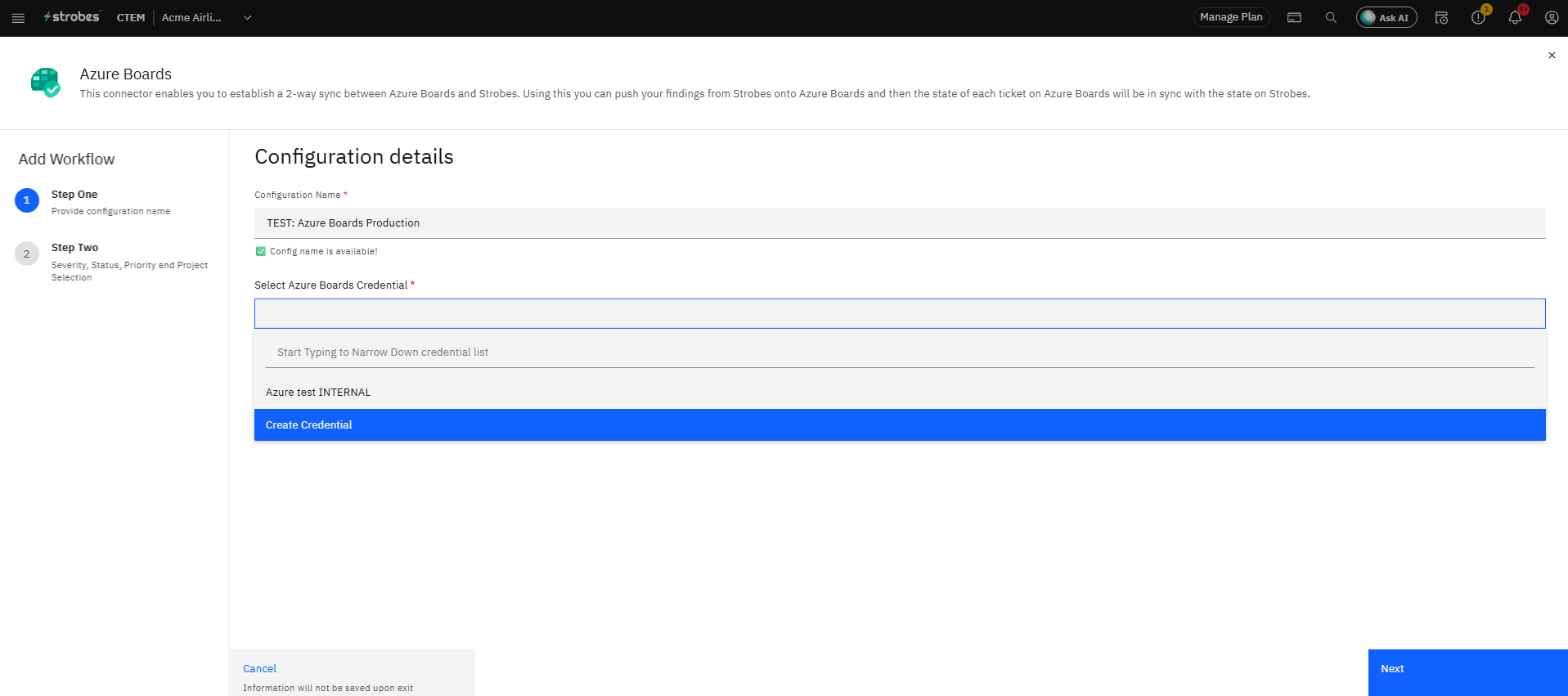 Configuring Azure Boards Integration with Strobes: Step 5 — Open the Credential Dropdown (screenshot 7)