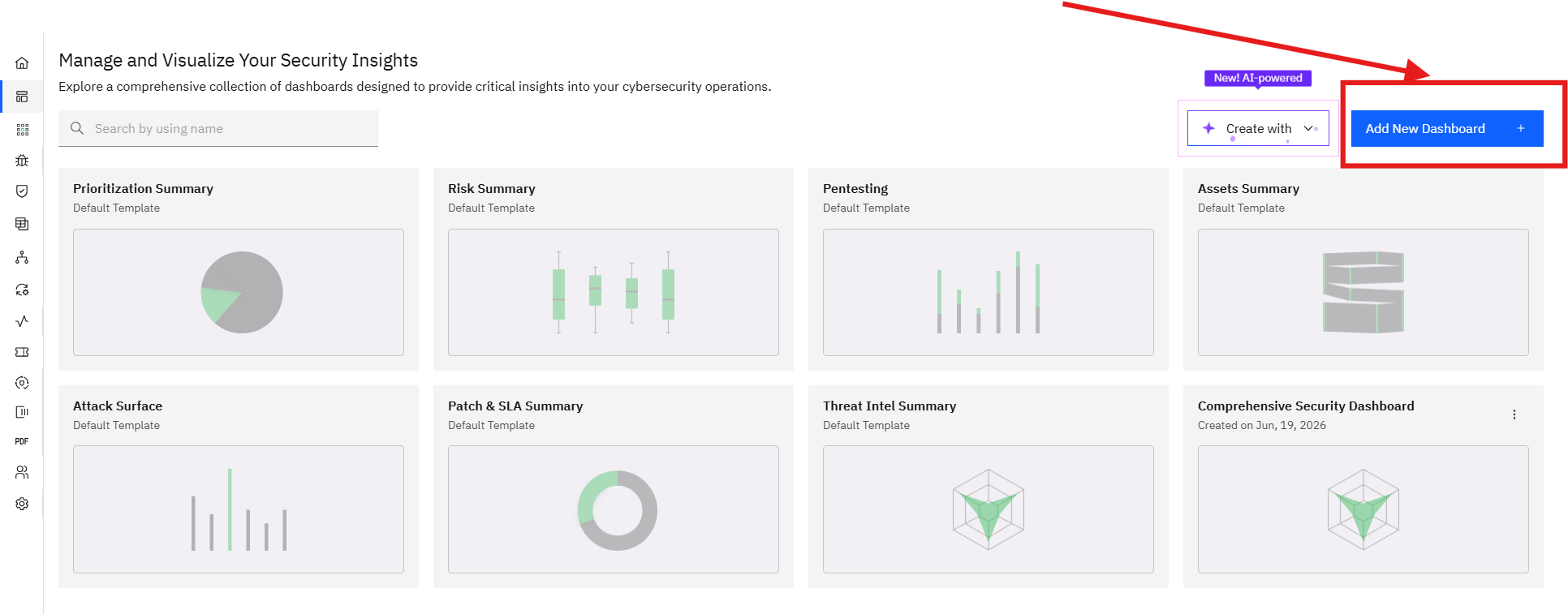 Creating and Managing Dashboards: II. Click on "Add New Dashboard" to create a New Custom Dashboard. (screenshot 4)