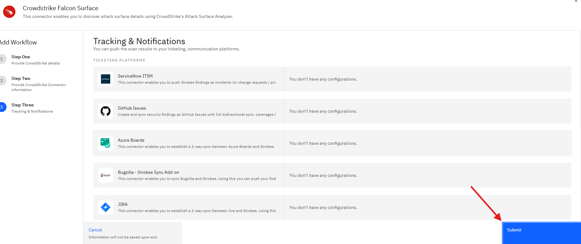 Connecting CrowdStrike Falcon Surface to Strobes: Step 20 — Submit the Configuration (screenshot 20)