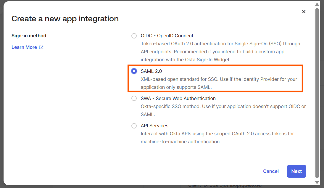 Configuring Okta SSO (SAML): Step 4 — Select SAML 2.0 and Click Next (screenshot 5)