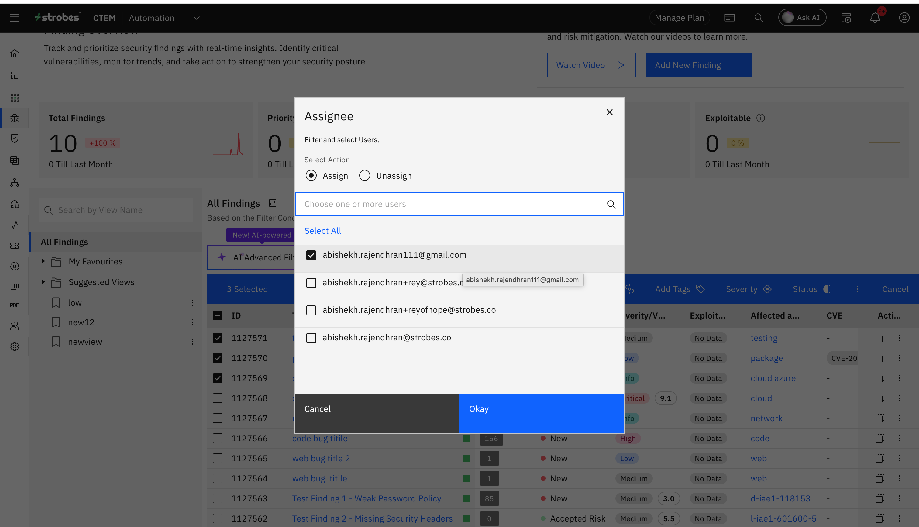 Bulk actions on findings: Asignee Bulk Action (screenshot 11)