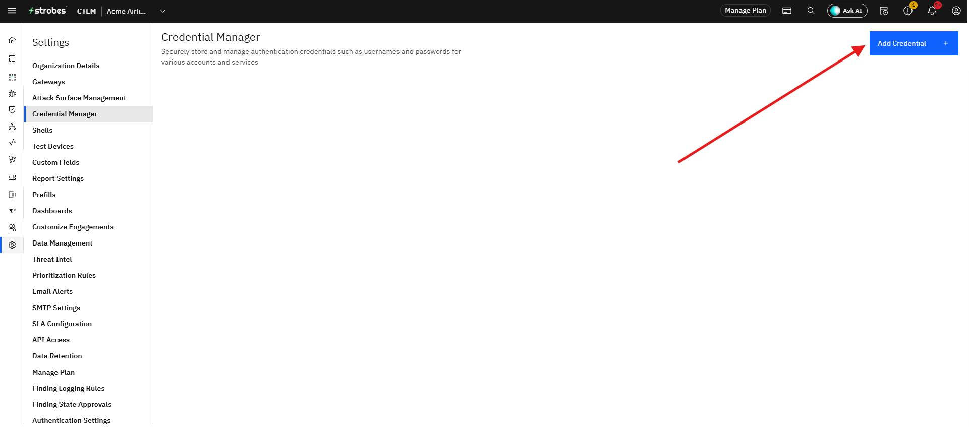 Connecting UpGuard to Strobes: Step 3 — Click Add Credential (screenshot 3)