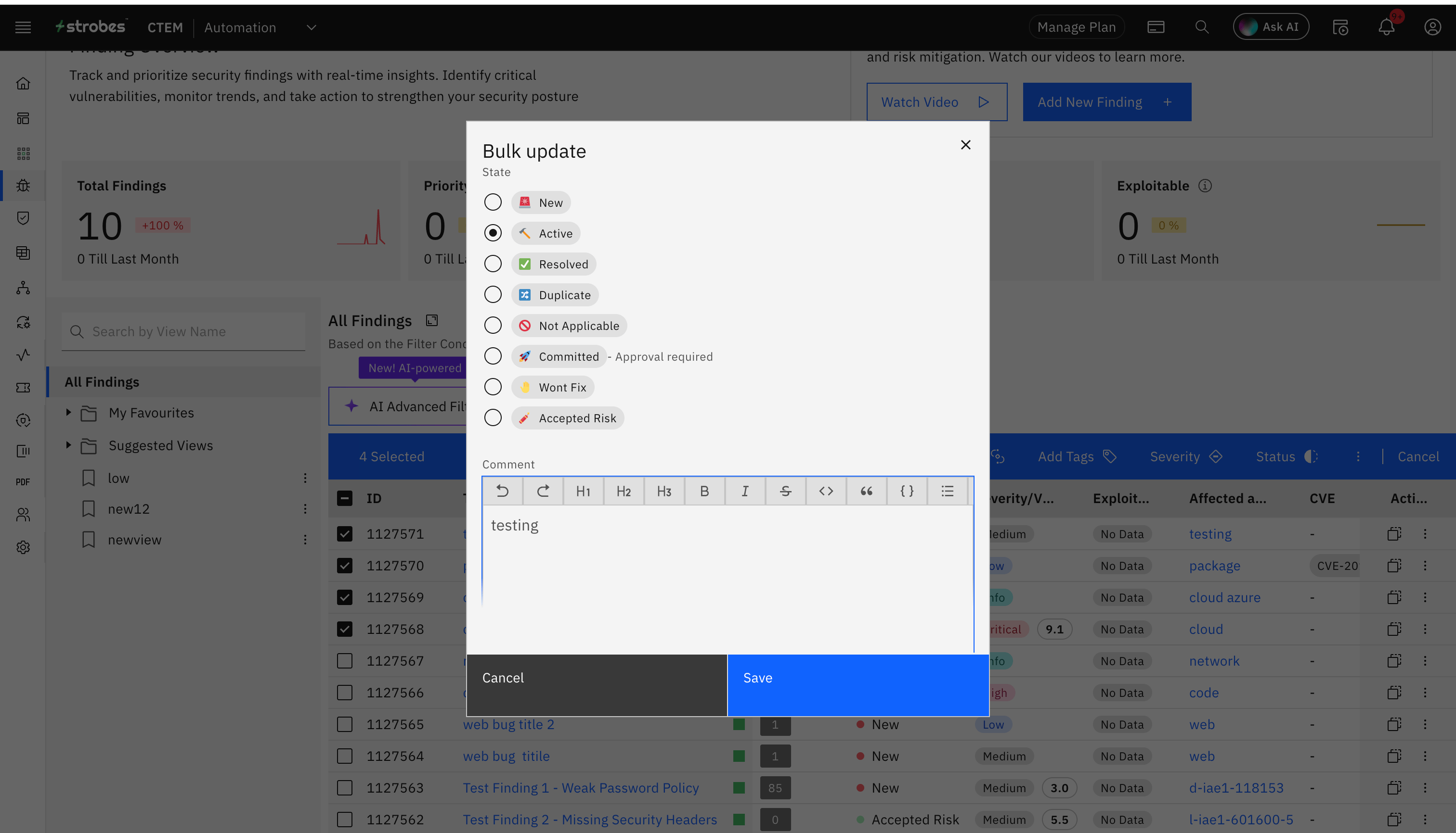 Bulk actions on findings: State Bulk Action (screenshot 9)
