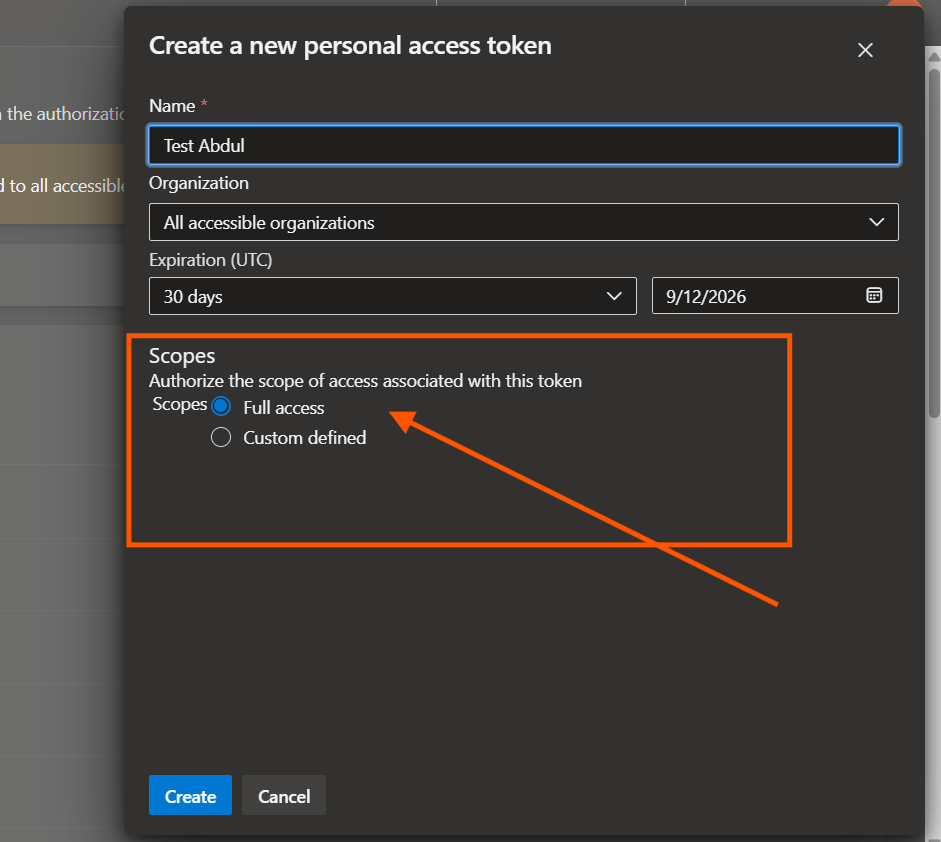 Configuring Azure Boards credentials: Step 1: Generate a Personal Access Token (PAT) in Azure DevOps (screenshot 5)