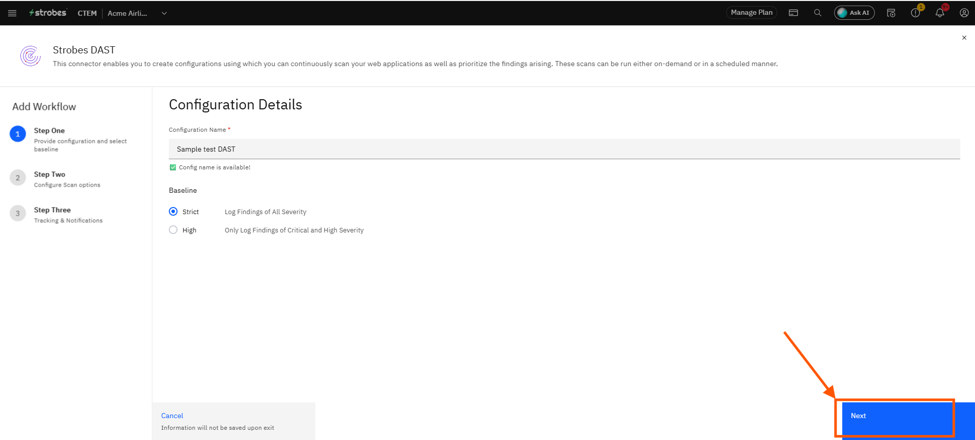 Configuring Strobes DAST: Step 7 — Proceed to Step Two (screenshot 7)