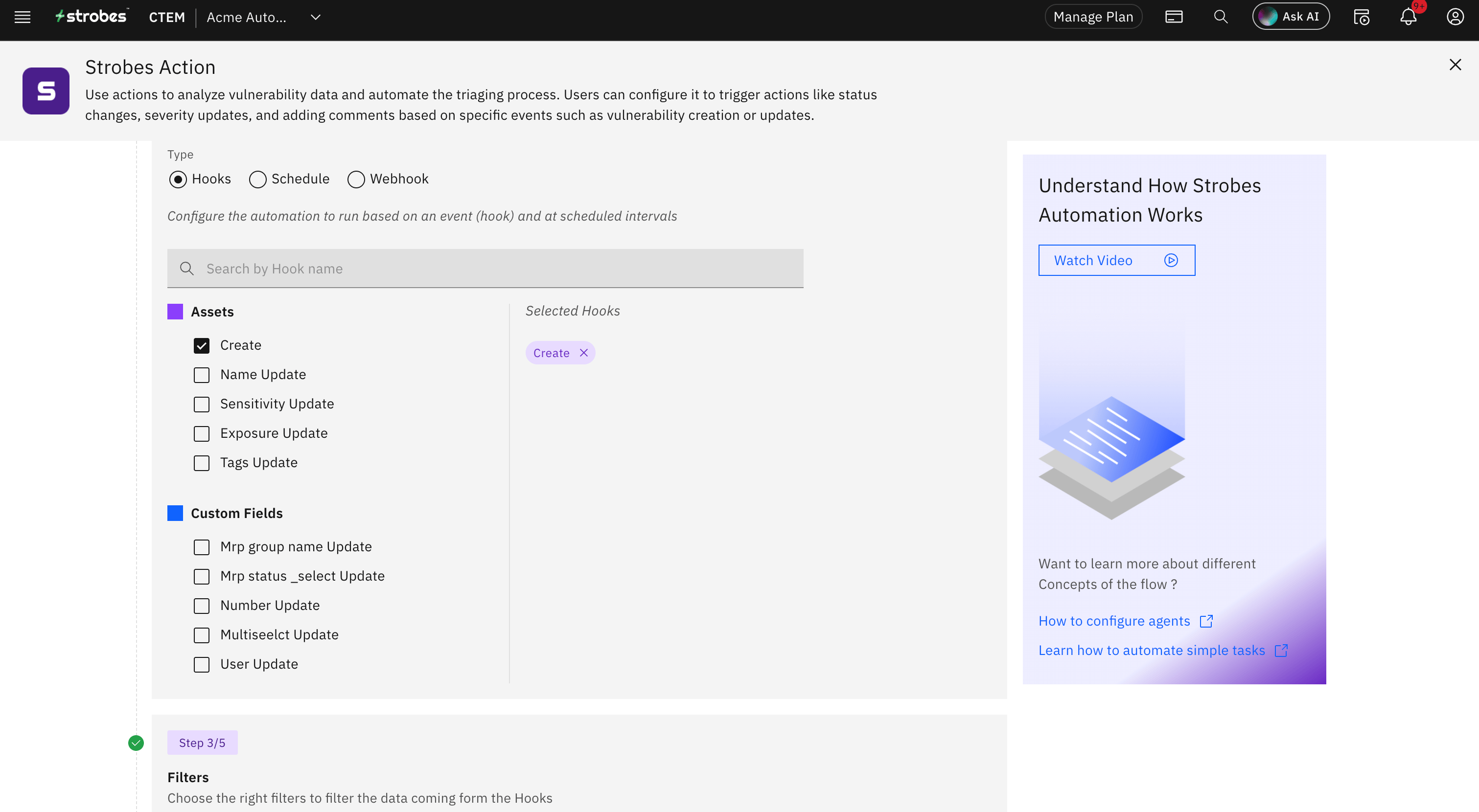 Configuring Actions in Strobes Automation (screenshot 2)