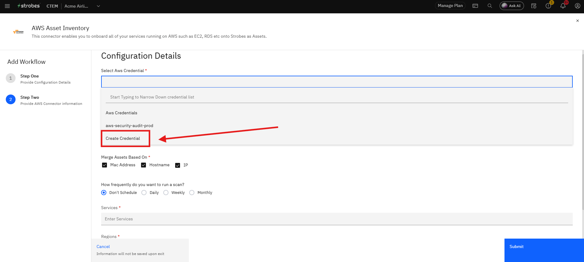 Connecting AWS Asset Inventory to Strobes: Step 6 — Open the AWS Credential Dropdown (screenshot 6)