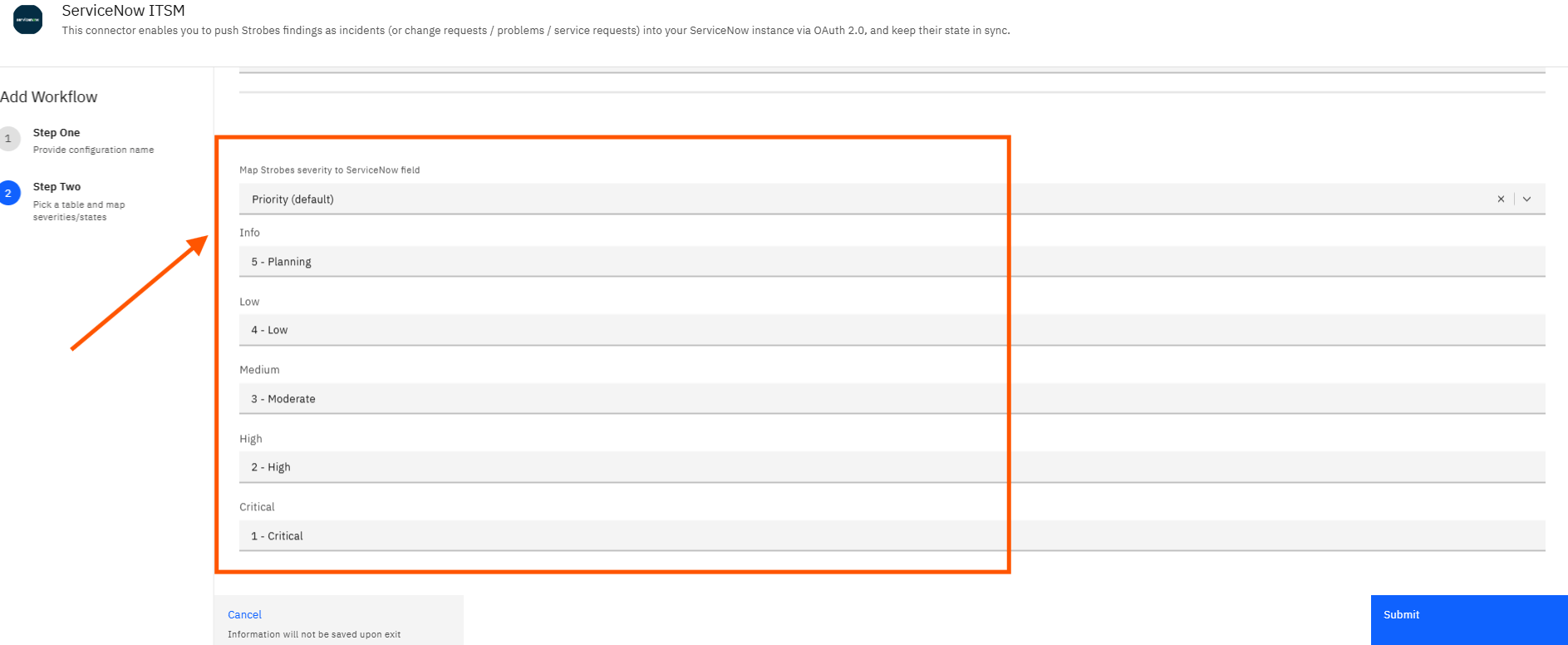 Configuring ServiceNow Credentials and Connector in Strobes: Step 10 — Review the Priority Field Mapping (screenshot 25)