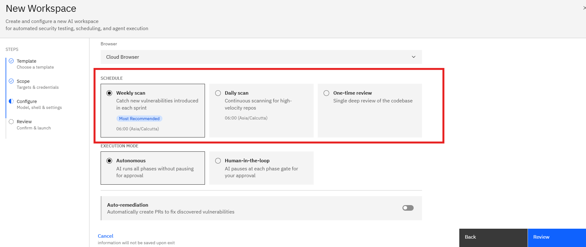 Code Review Assessment via Template: Step 9: Scan Schedule (screenshot 13)