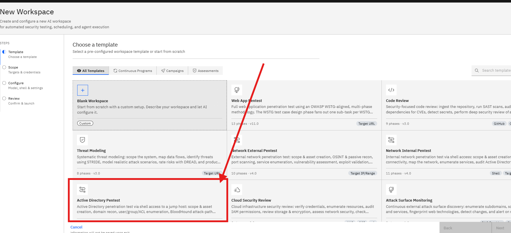 Active Directory Pentest Template: Step 1: Select the Active Directory Pentest Template (screenshot 4)