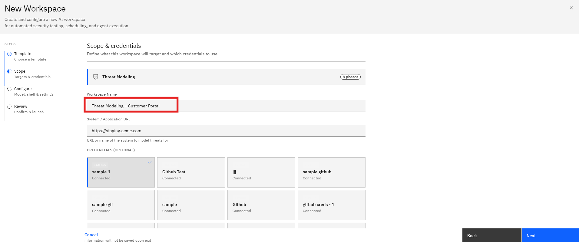 Threat Modeling Template: Step 2: Enter the Workspace Name (screenshot 6)