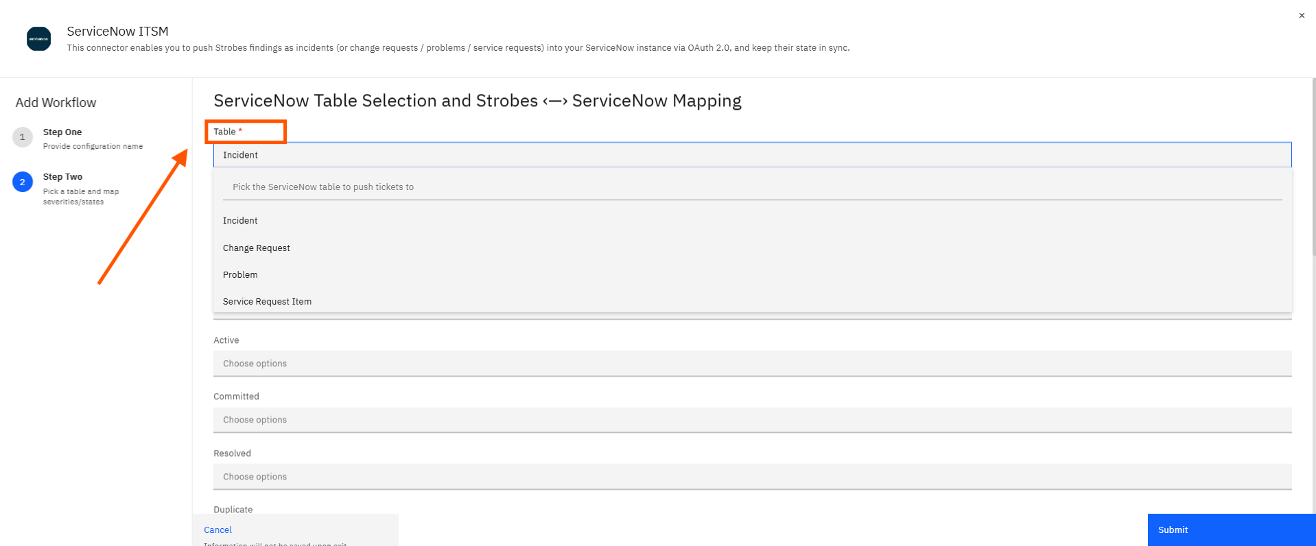 Configuring ServiceNow Credentials and Connector in Strobes: Step 8 — Review the Table Selection (screenshot 23)