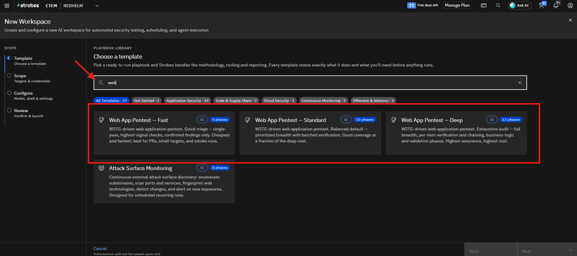 Running a Web Application Pentest by Strobes AI: Accessing the Web App Pentest Template (screenshot 5)