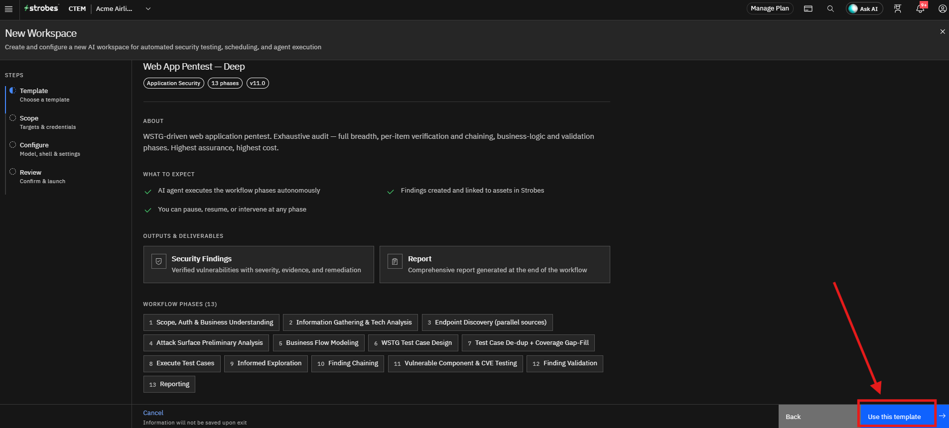 Running a Web Application Pentest by Strobes AI: Review the template details (screenshot 6)