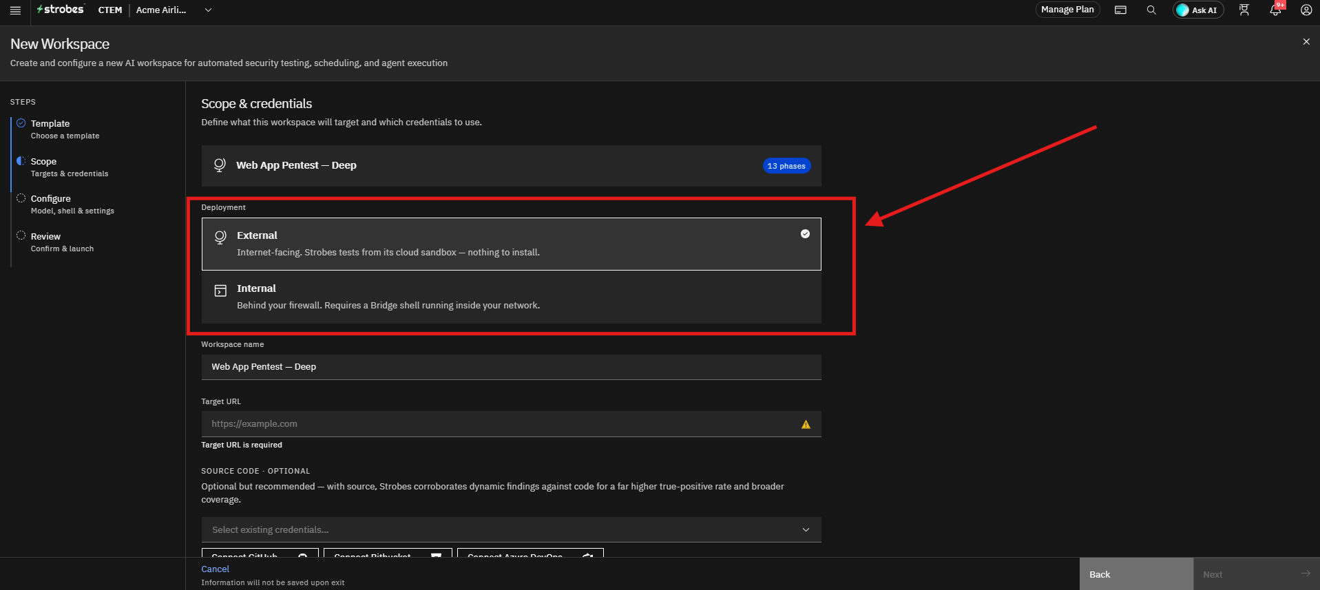 Running a Web Application Pentest by Strobes AI: Step 1: Choose the Deployment Type (screenshot 7)