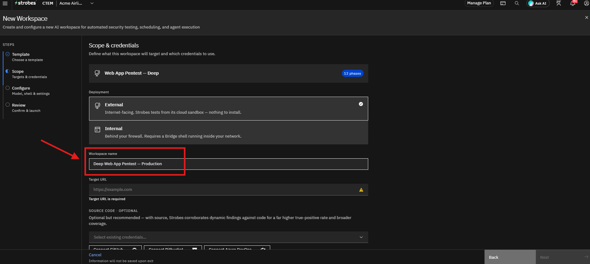 Running a Web Application Pentest by Strobes AI: Step 2: Provide a Workspace Name (screenshot 8)