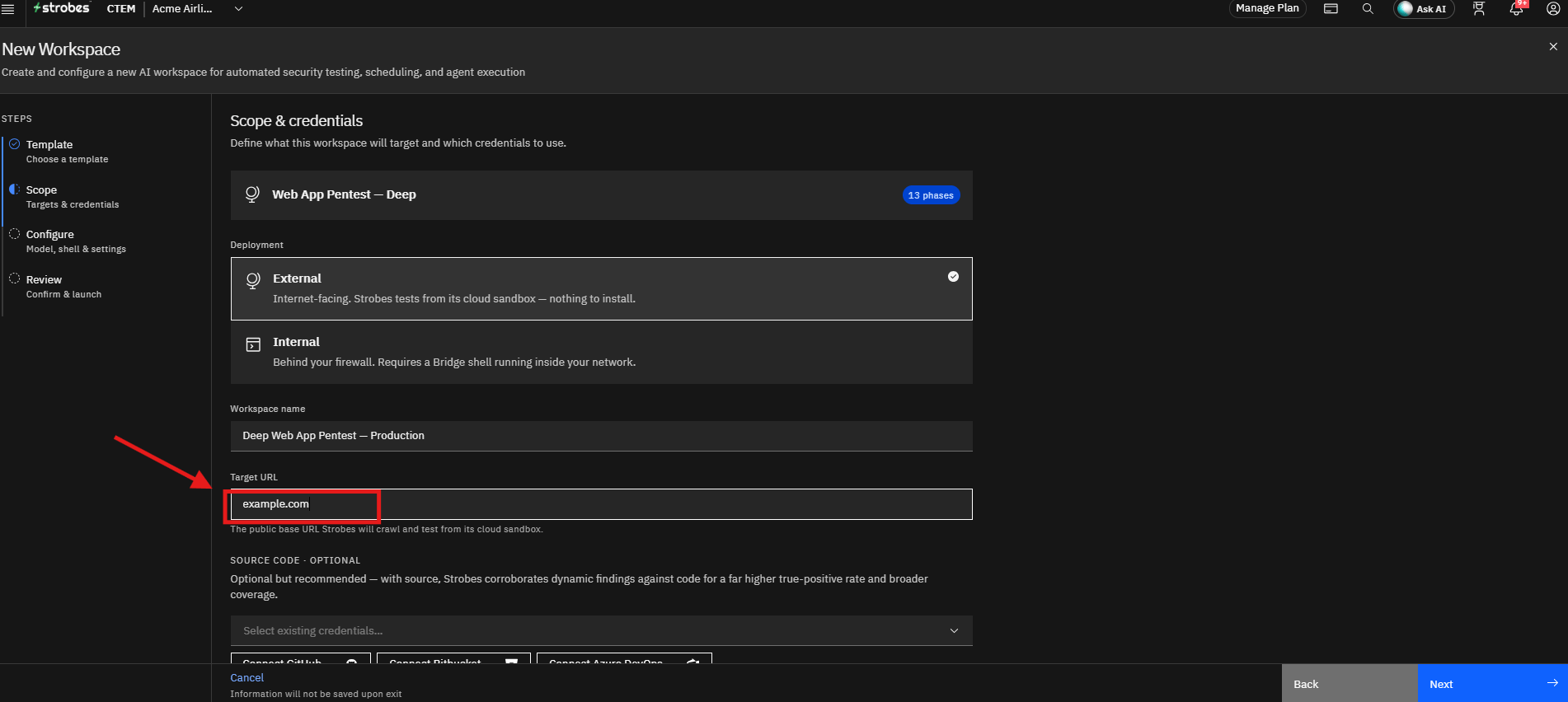 Running a Web Application Pentest by Strobes AI: Step 3: Enter the Target URL (screenshot 9)