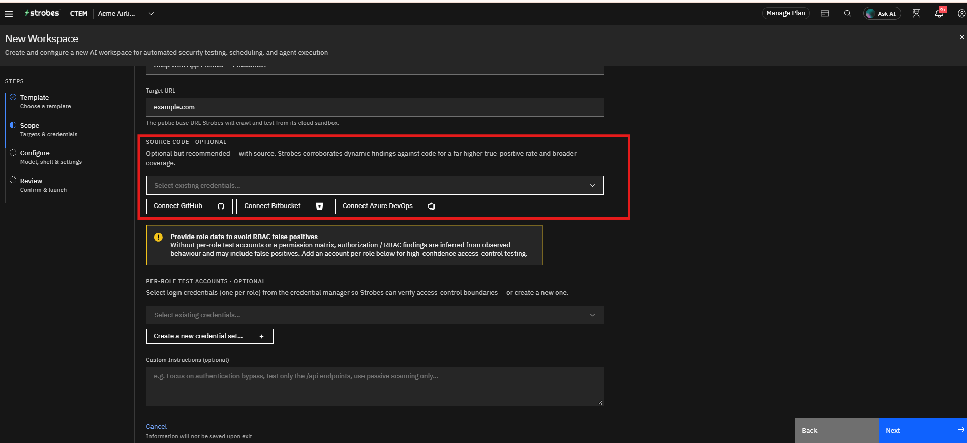 Running a Web Application Pentest by Strobes AI: Step 4: Connect Source Code (Optional) (screenshot 10)
