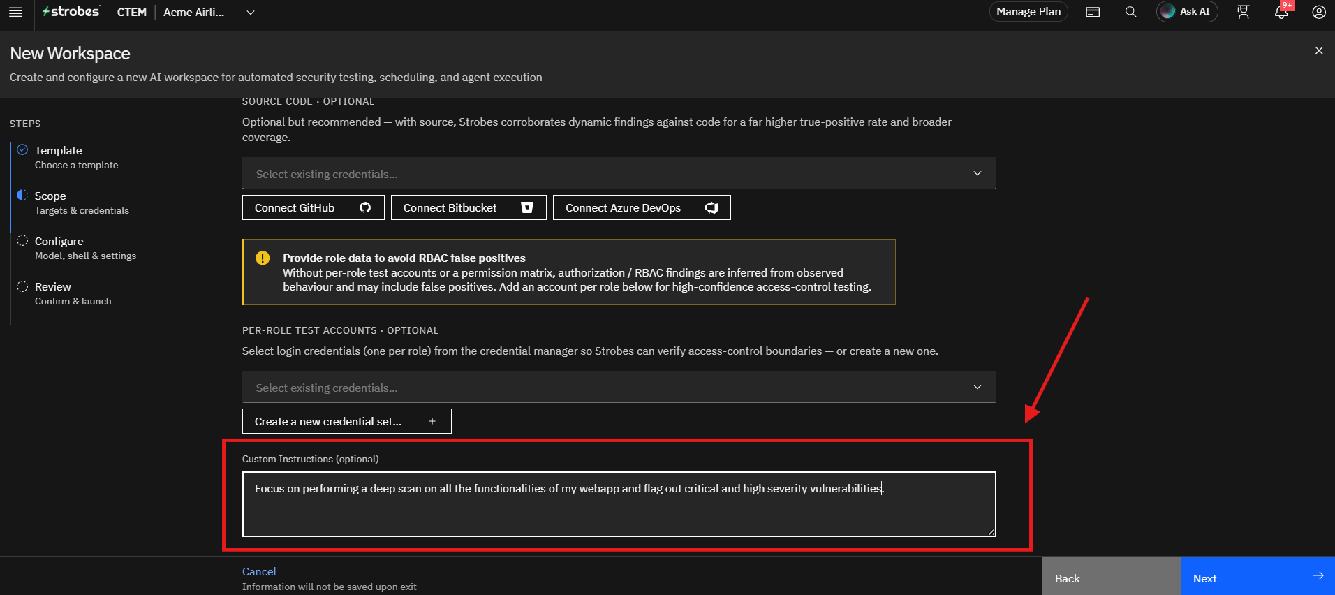 Running a Web Application Pentest by Strobes AI: Step 6: Add Custom Instructions (Optional) (screenshot 12)