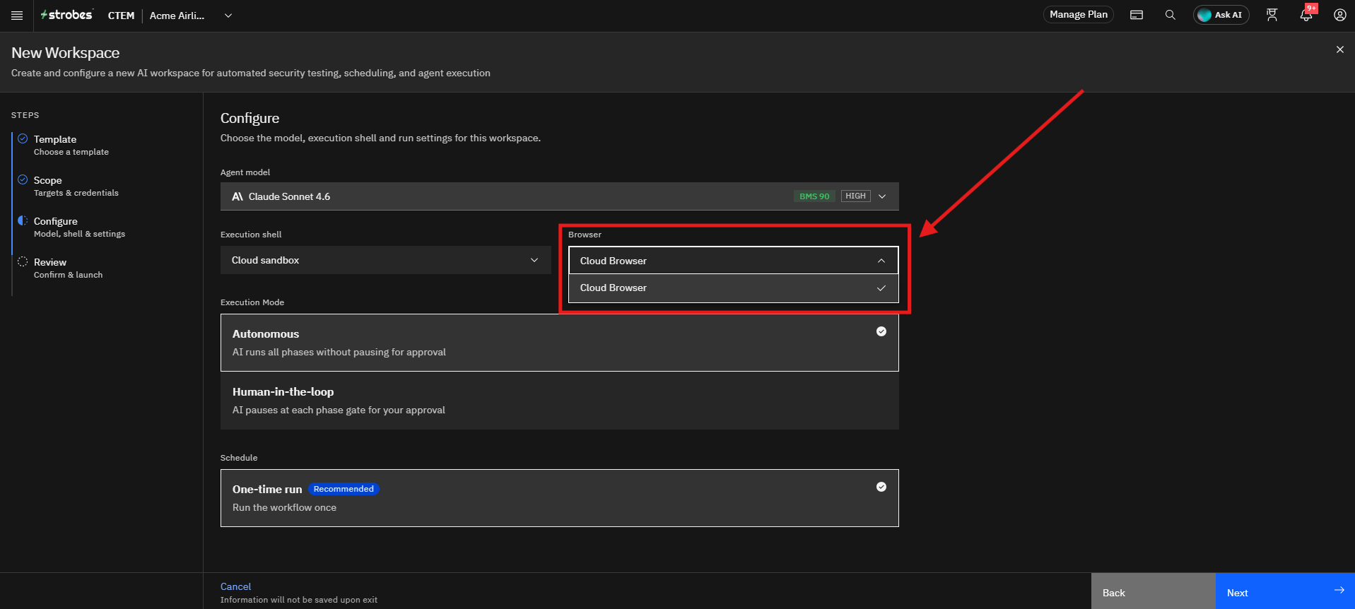 Running a Web Application Pentest by Strobes AI: Step 9: Review the Browser Setting (screenshot 16)