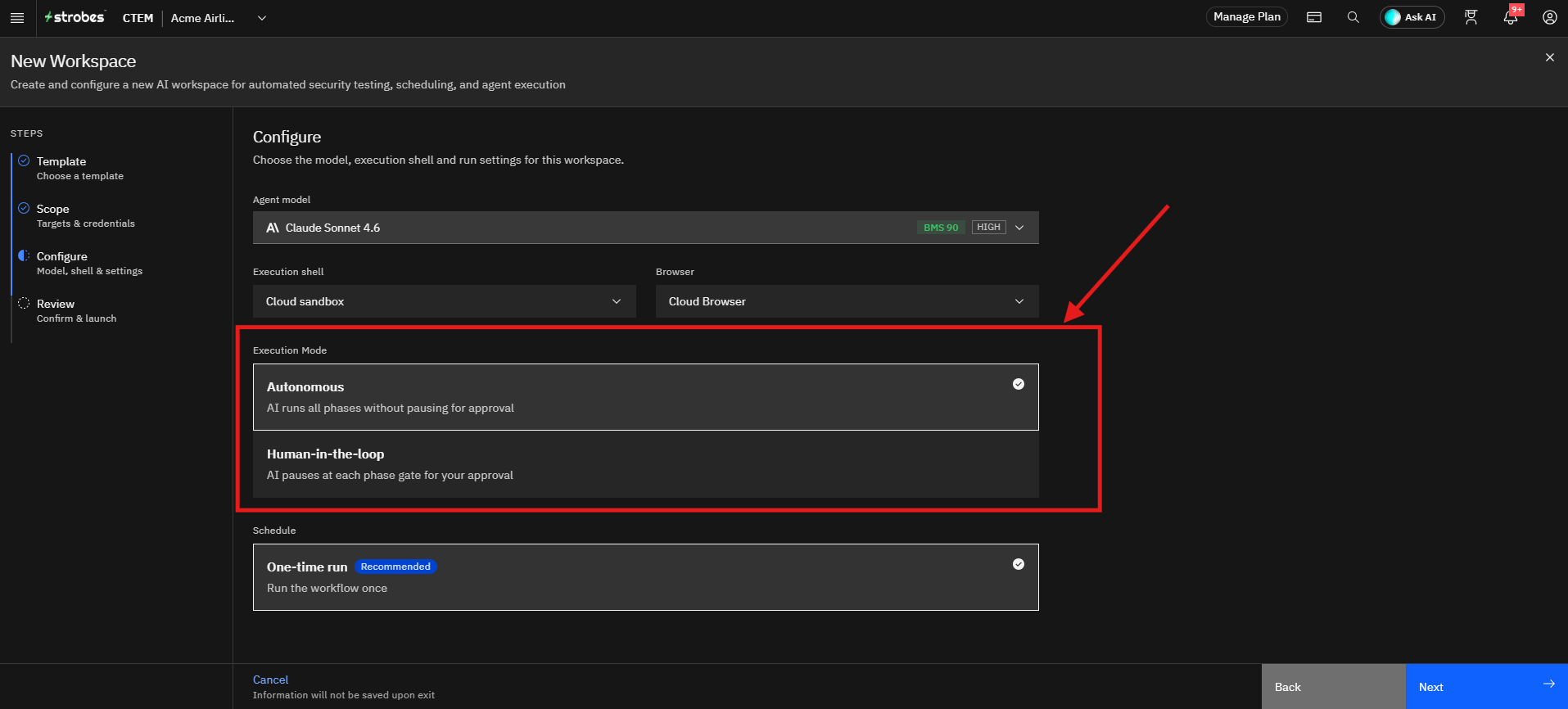 Running a Web Application Pentest by Strobes AI: Step 10: Select the Execution Mode (screenshot 17)