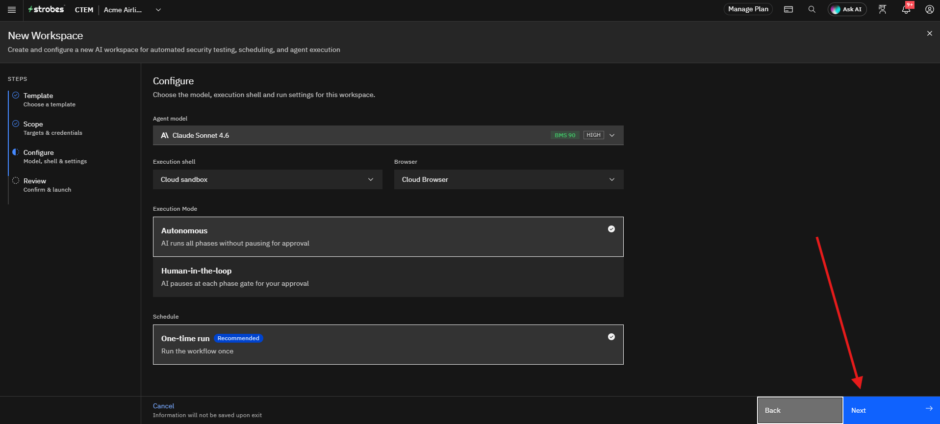 Running a Web Application Pentest by Strobes AI: Step 12: Continue to Review and Launch (screenshot 19)