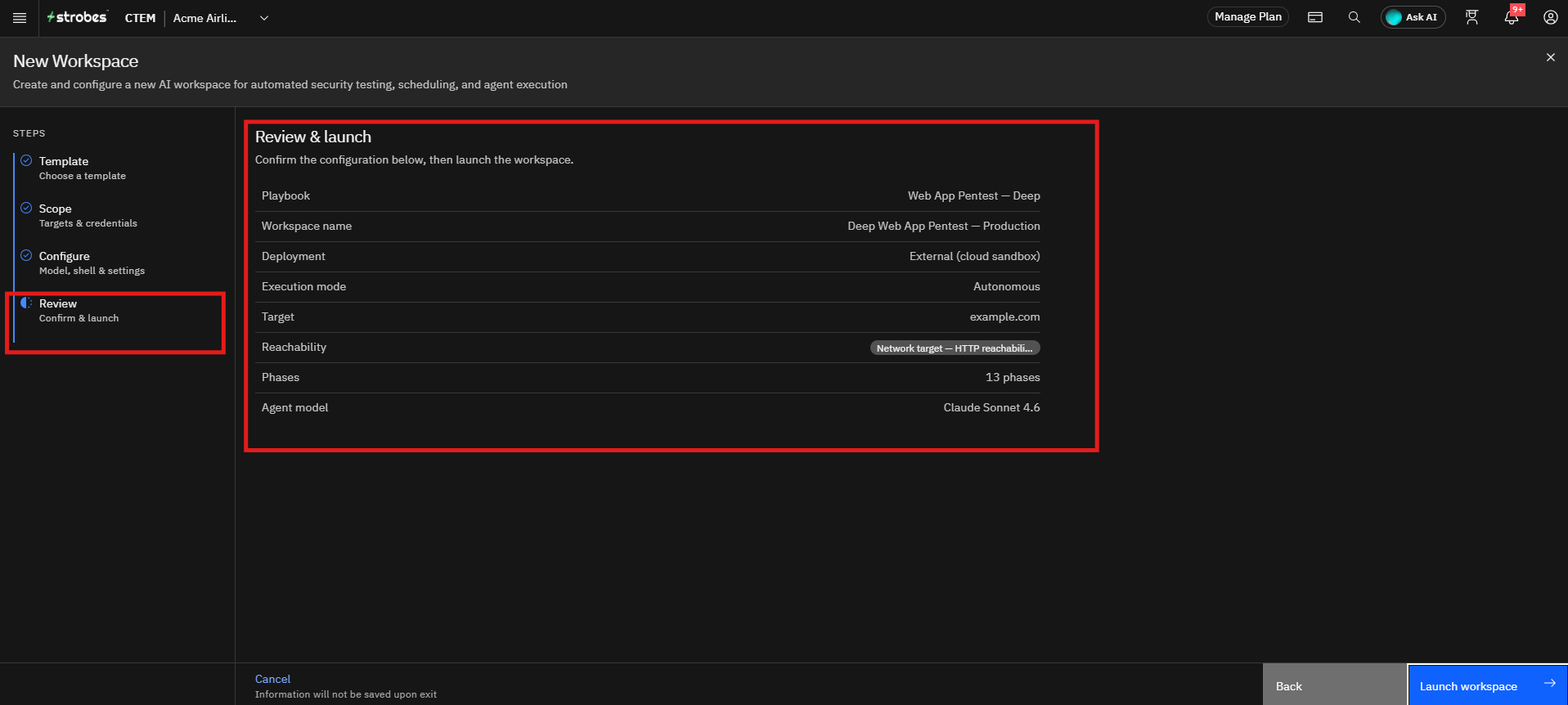 Running a Web Application Pentest by Strobes AI: Step 13: Review and Launch the Workspace (screenshot 20)