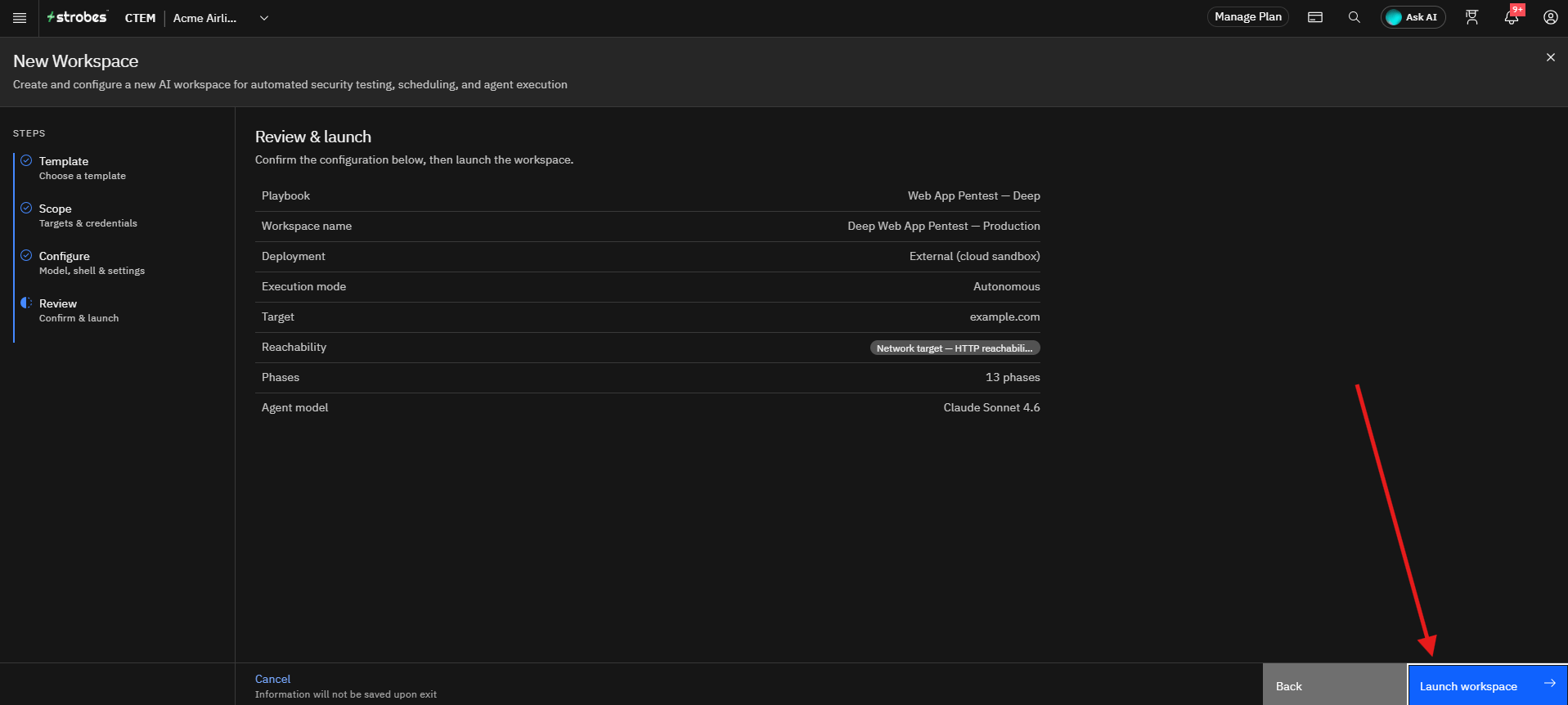 Running a Web Application Pentest by Strobes AI: Step 13: Review and Launch the Workspace (screenshot 21)