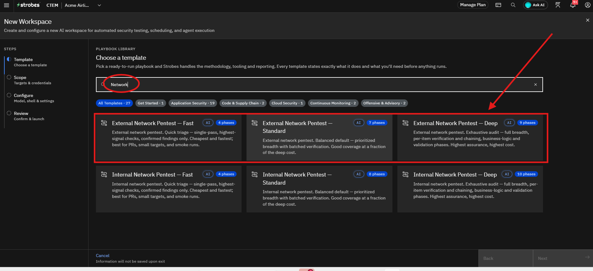 Running External Network Pentest by Strobes AI: Accessing the External Network Pentest Template (screenshot 4)