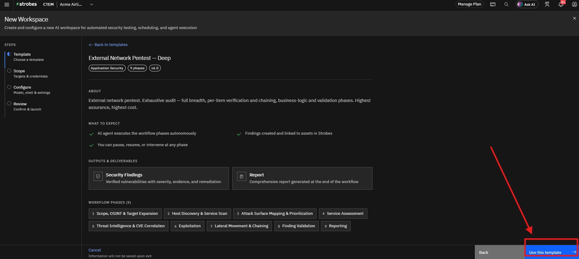 Running External Network Pentest by Strobes AI: Review the template details (screenshot 5)