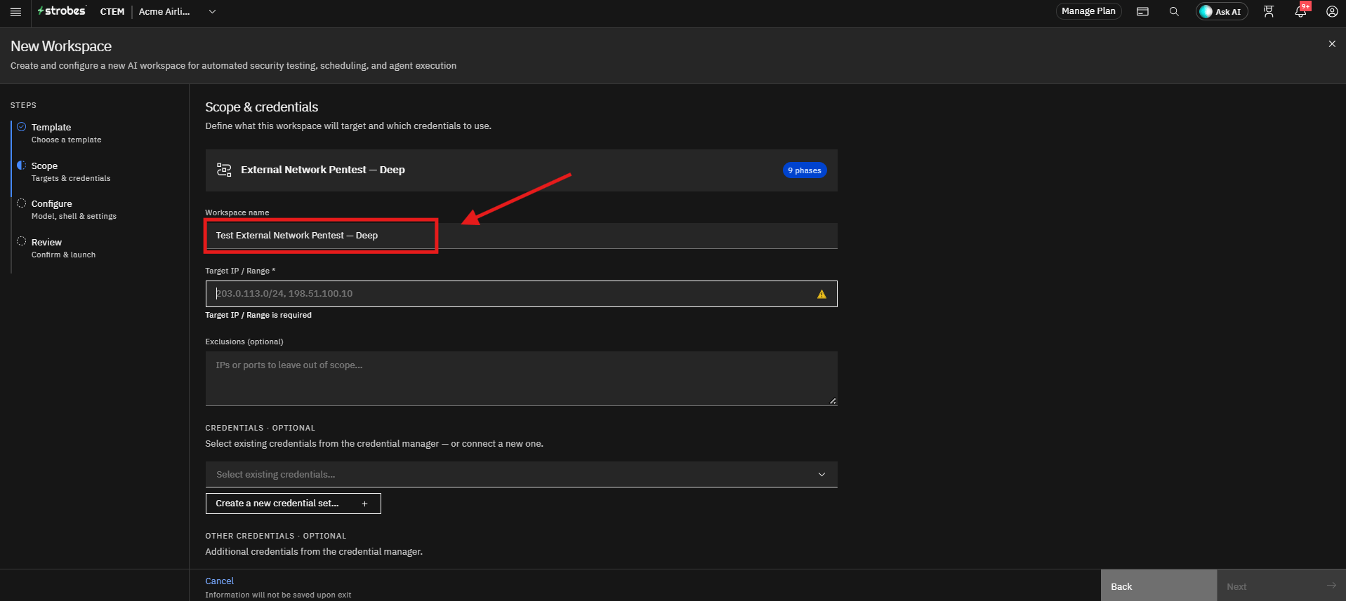 Running External Network Pentest by Strobes AI: Step 1: Provide a Workspace Name (screenshot 6)