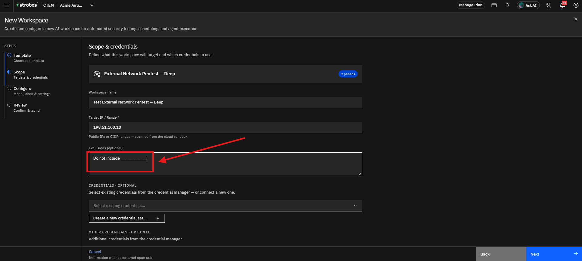 Running External Network Pentest by Strobes AI: Step 3: Add Exclusions (Optional) (screenshot 8)