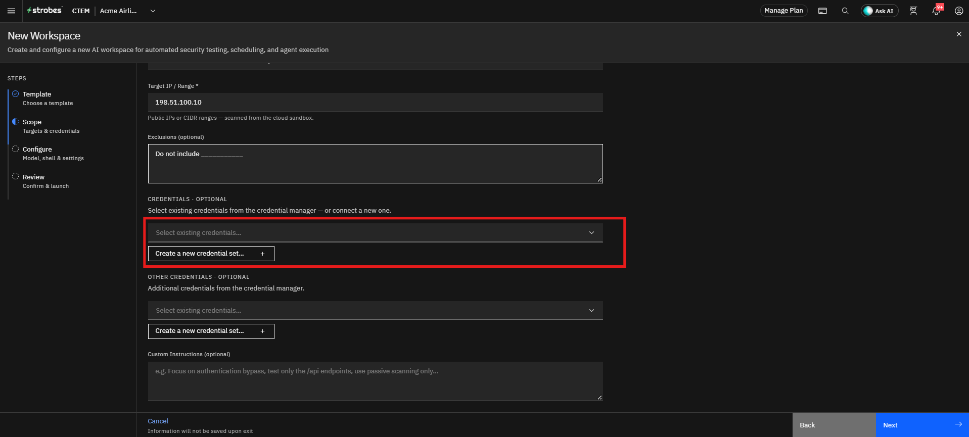 Running External Network Pentest by Strobes AI: Step 4: Select Credentials (Optional) (screenshot 9)