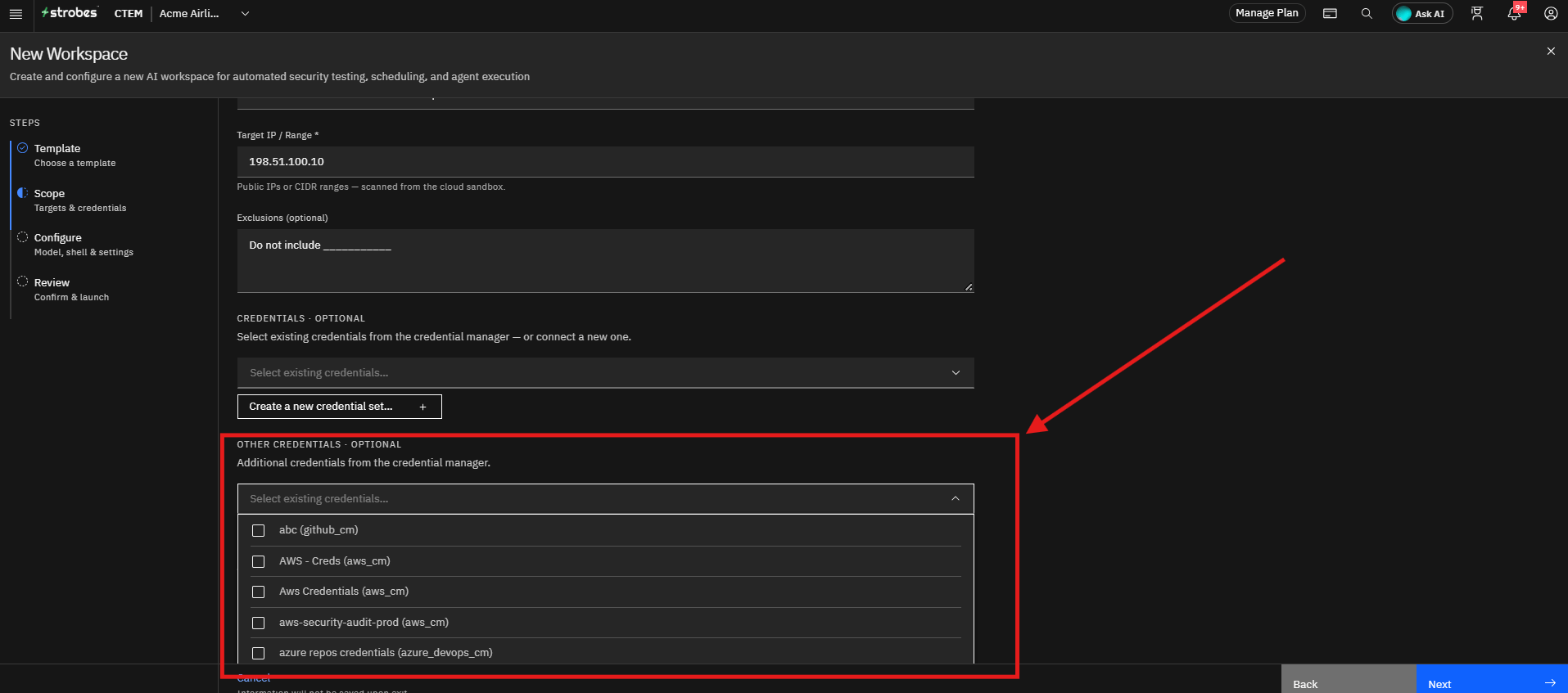 Running External Network Pentest by Strobes AI: Step 5: Add Other Credentials (Optional) (screenshot 10)