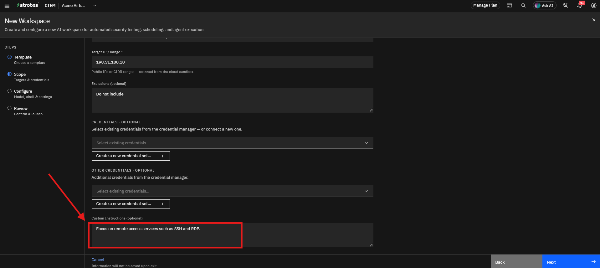 Running External Network Pentest by Strobes AI: Step 6: Add Custom Instructions (Optional but highly recommended) (screenshot 11)
