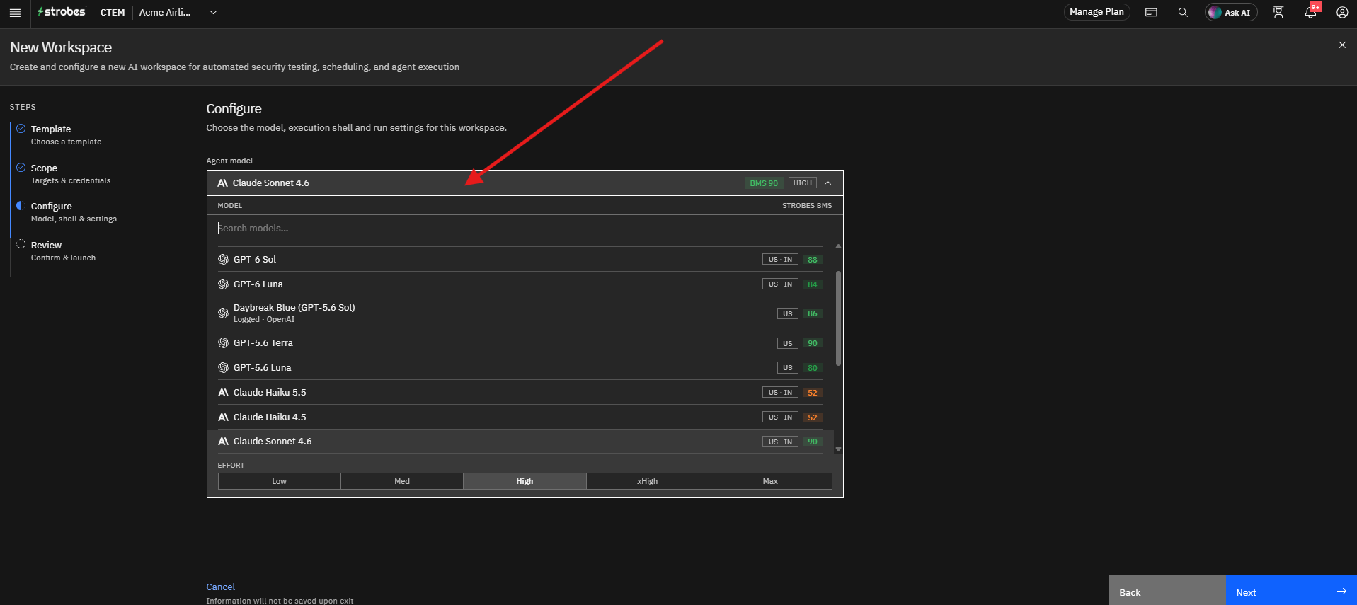 Running External Network Pentest by Strobes AI: Step 7: Select an AI Model (screenshot 13)