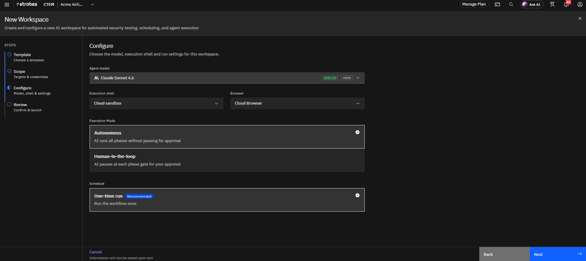 Running External Network Pentest by Strobes AI: Proceeding to Configuration (screenshot 12)