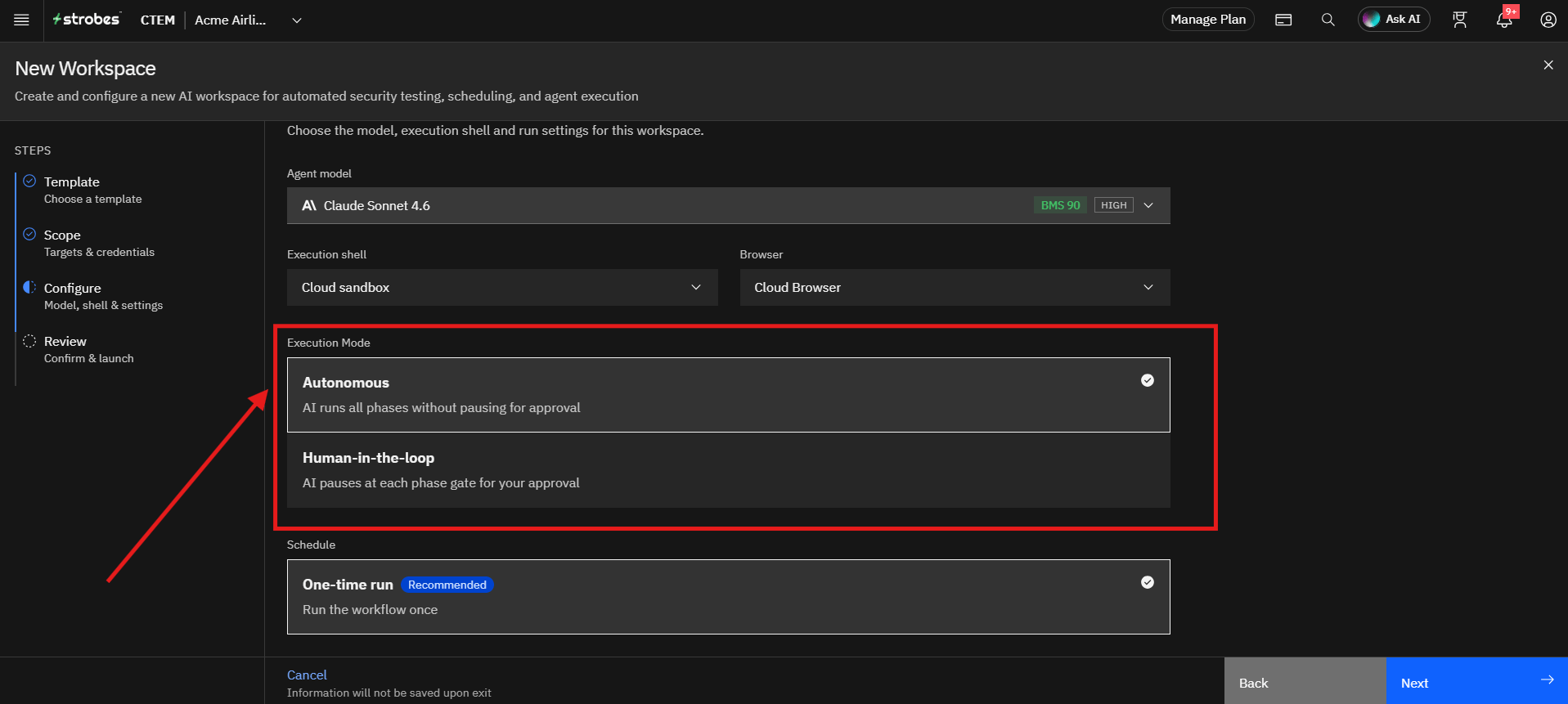 Running External Network Pentest by Strobes AI: Step 9: Select the Execution Mode (screenshot 15)