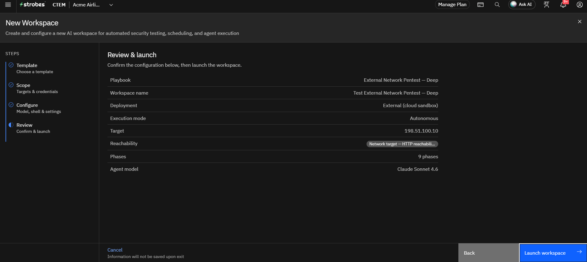 Running External Network Pentest by Strobes AI: Step 11: Continue to Review and Launch (screenshot 17)